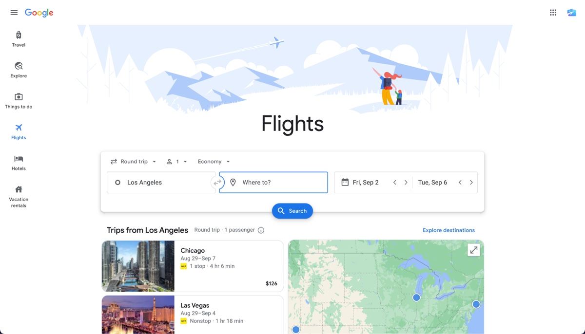 Google Flights homepage showing the flight search interface with date pickers and destination fields