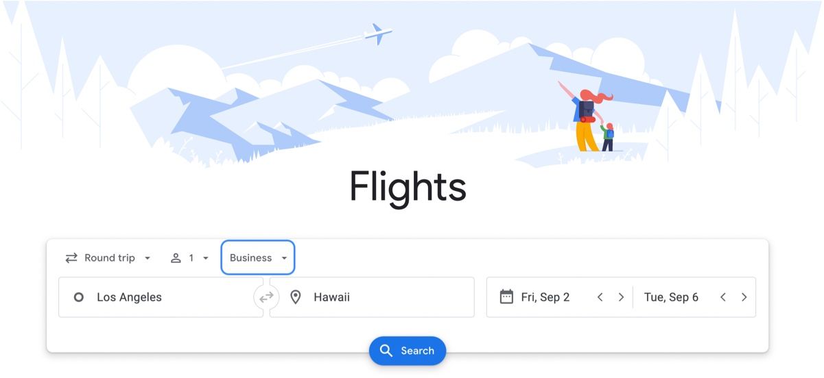 Google Flights seat class selector showing fare differences between economy, premium economy, business, and first class